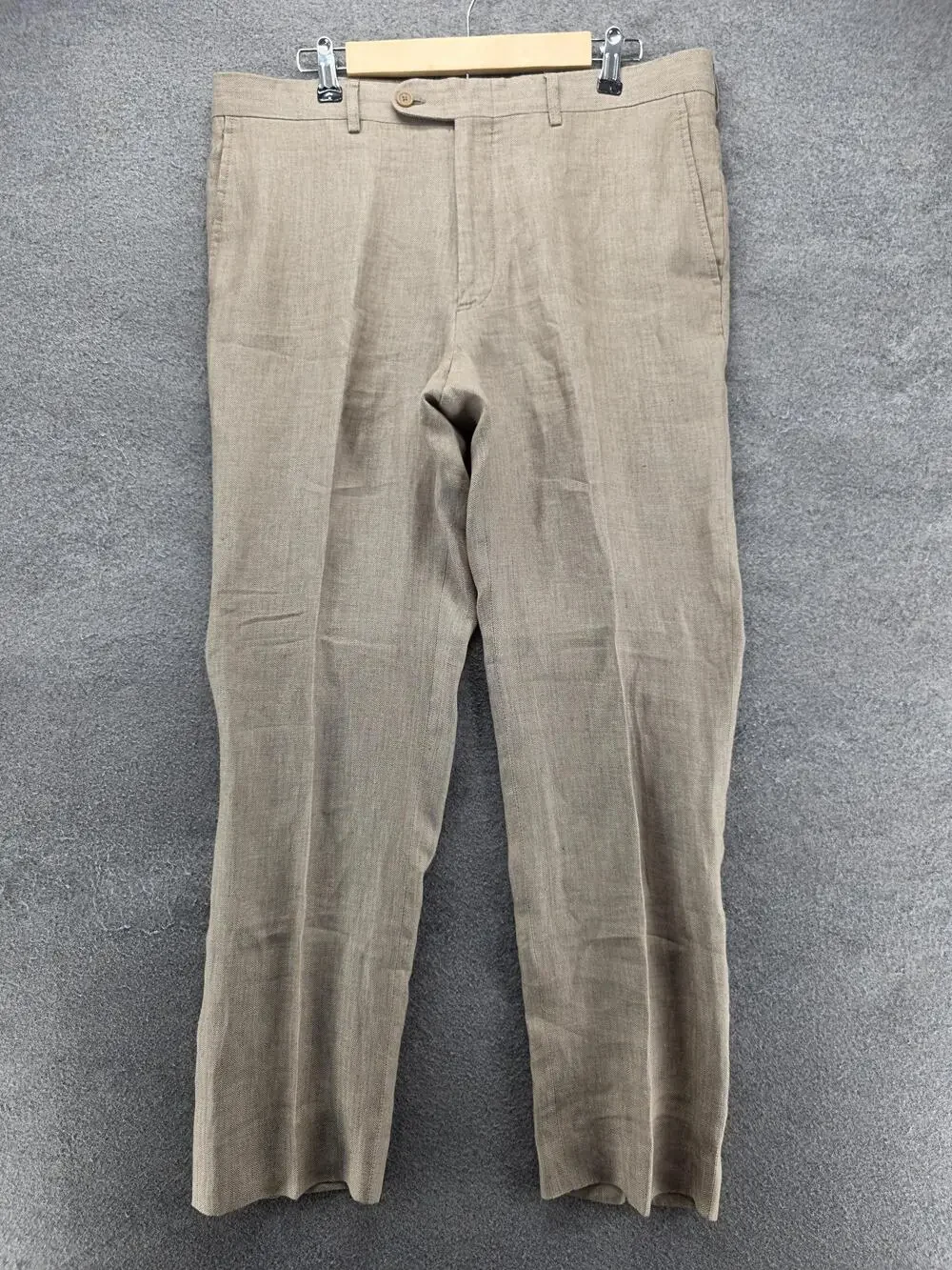 BENSOL Pants Mens 36x32 Beige Linen Slim Tapered Herringbone Dress Pants